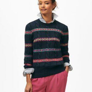 Brooks Brothers Fair Isle Striped Navy Cable-Knit Sweater Cabincore Coastal Prep